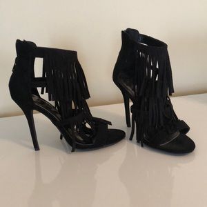 Black suede fringe Open toe high heels